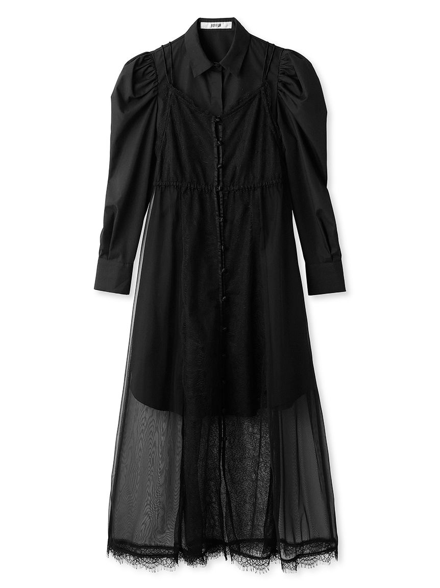 レースキャミレイヤードシャツワンピース BLK F