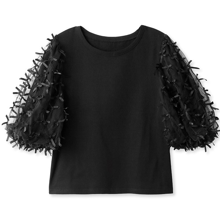 リボンマテリアルカットソー BLK F