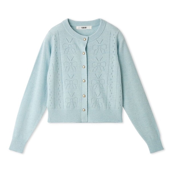 リボン柄アイレットカーディガン LBLU F