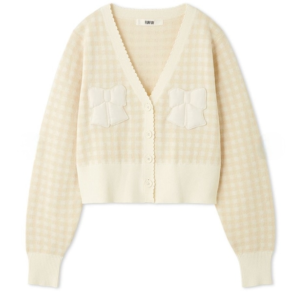 リボンアップリケギンガムカーディガン WHT F