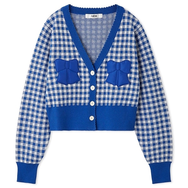 リボンアップリケギンガムカーディガン BLU F