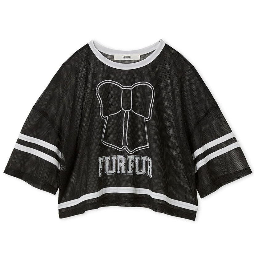リボンロゴプリントメッシュTシャツ BLK F