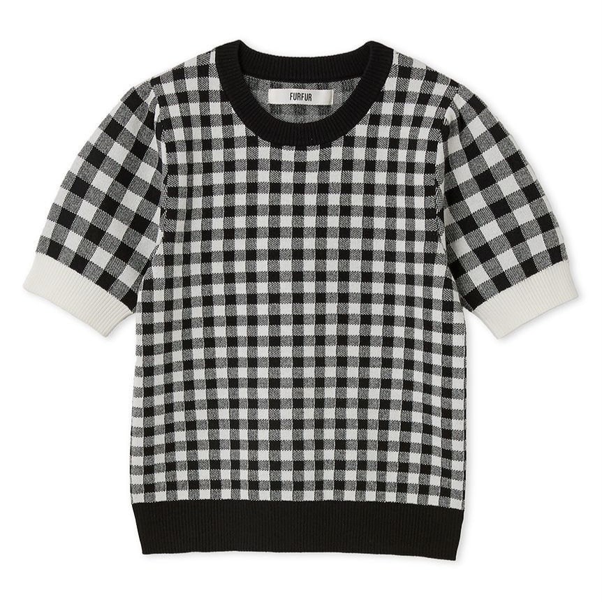 ギンガムチェックニットトップス BLK F