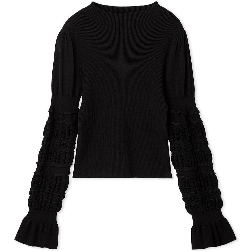 イレギュラーリブスリーブニットトップス BLK F
