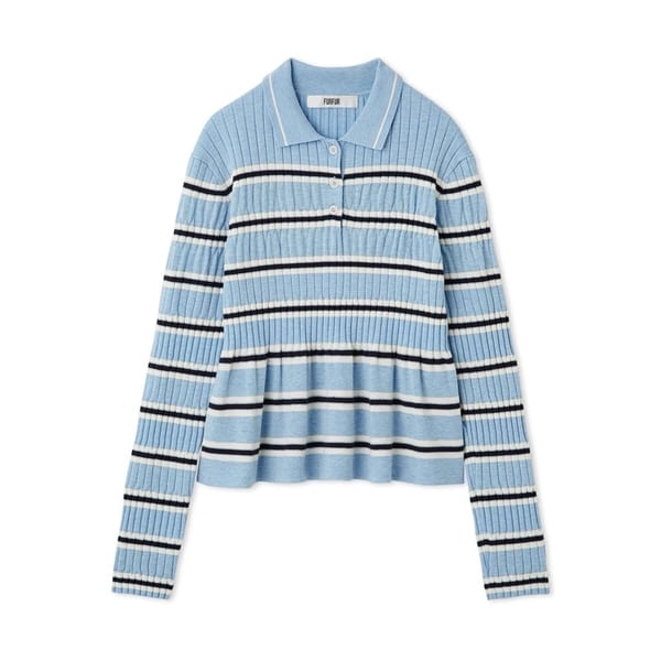 ボーダーペプラムポロニットトップス SAX F