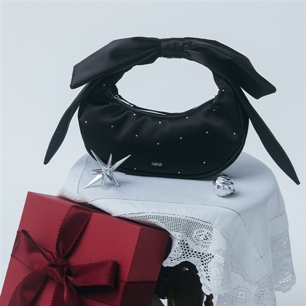 リボンハンドルサテンムーンバッグ BLK F