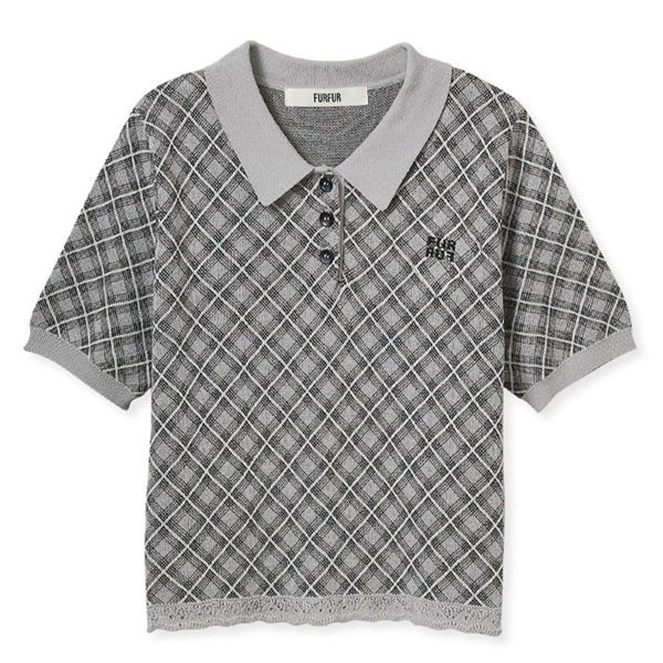 チェックジャガードニットポロ GRY F