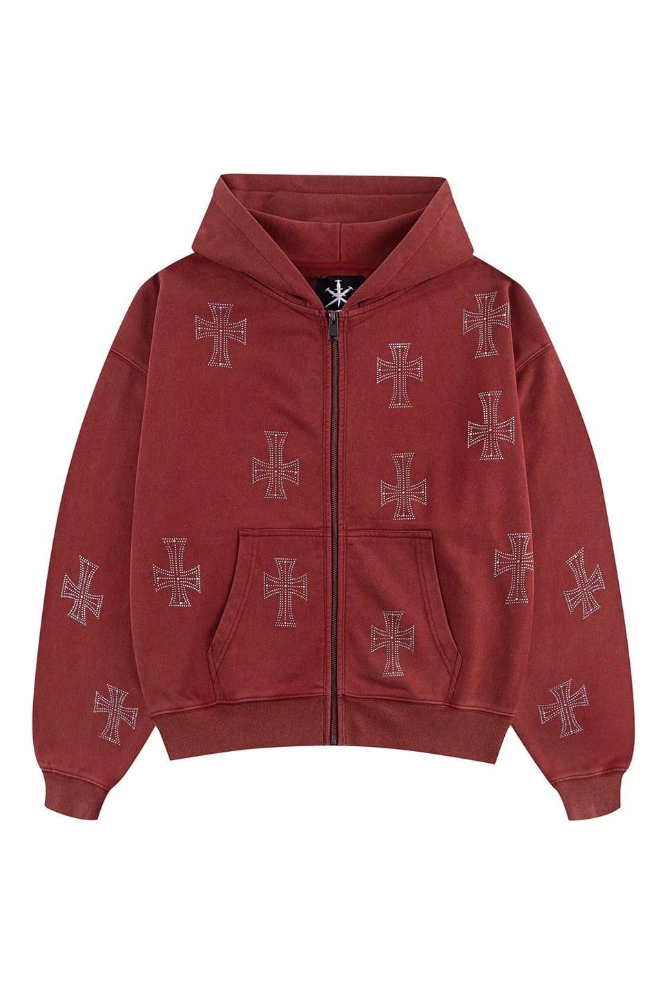 UNKNOWNLONDON/アンノウンロンドン/ Outline Cross Rhinestone Zip Hoodie RED M