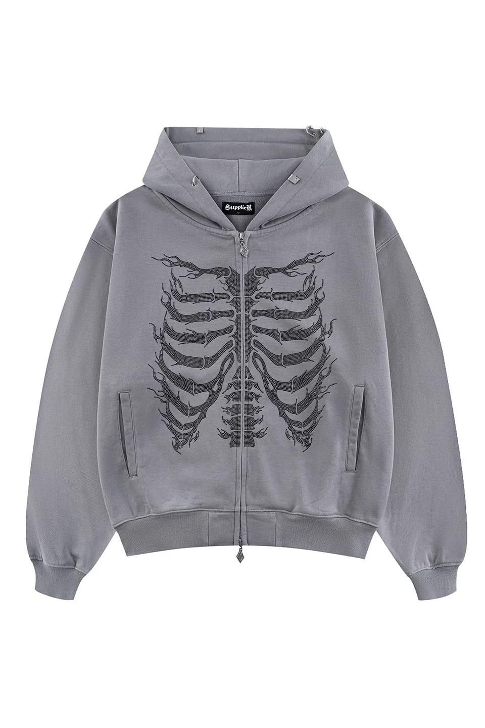  SUPPLIER/サプライヤー/ Fire Skeleton Rhinestone Zip Hoodie gray M