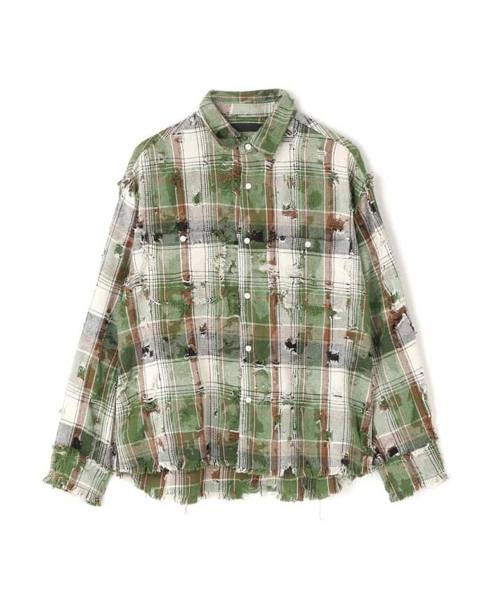 DankeSchon/ダンケシェーン/DAMAGE CAMO CHECK L/S SHIRTS Green M