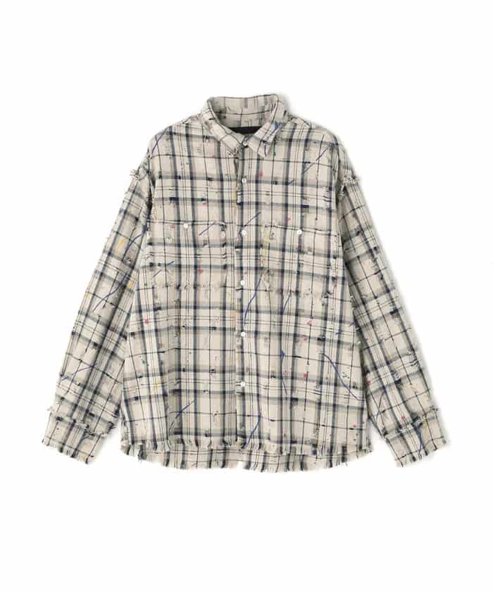  DankeSchon/ダンケシェーン/DAMAGE PAINT CHECK L/S SHIRTS White M