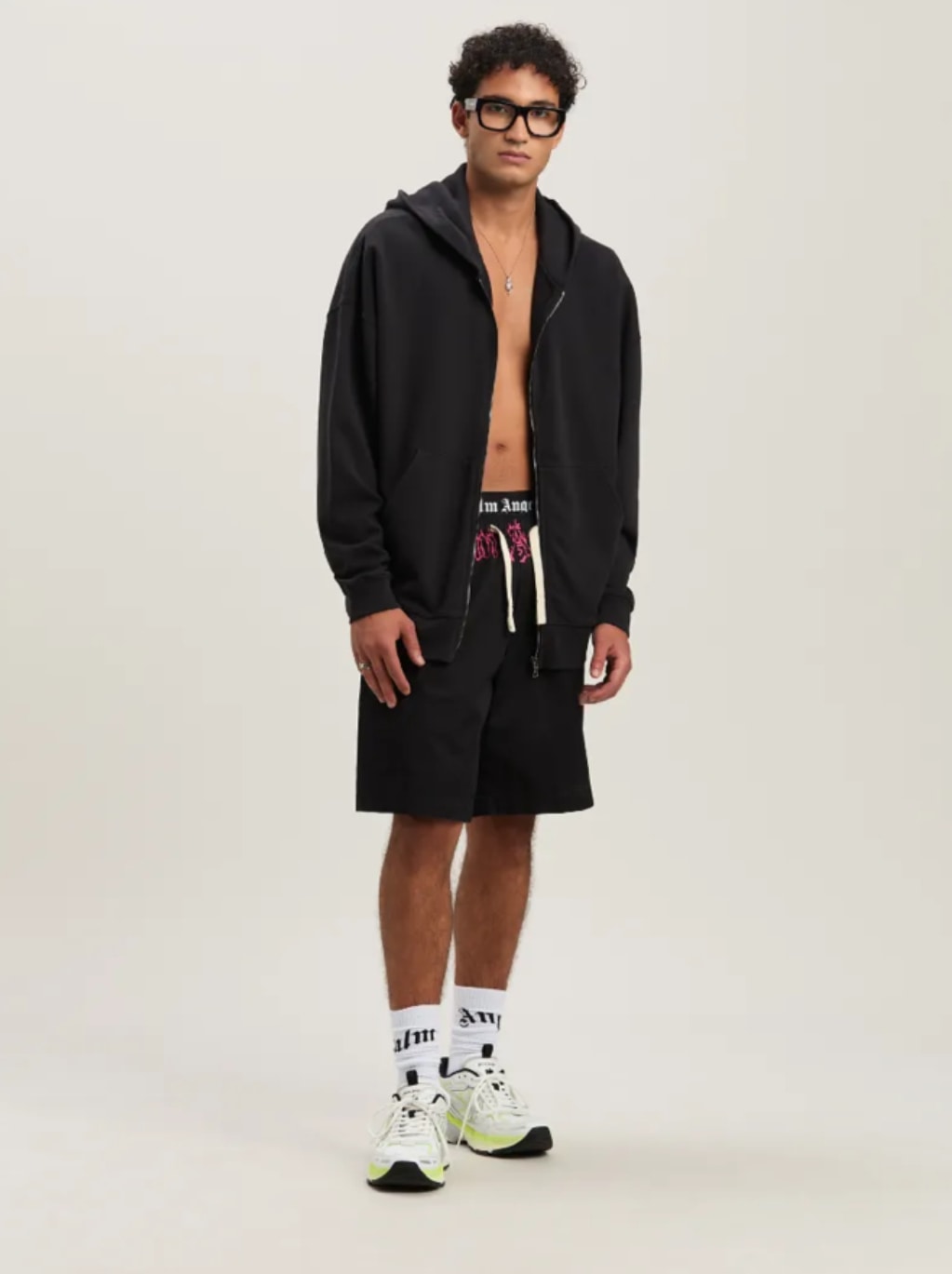 Palm angels パームエンジェルス CURVED LOGO ZIPPERED HOODIE Black M