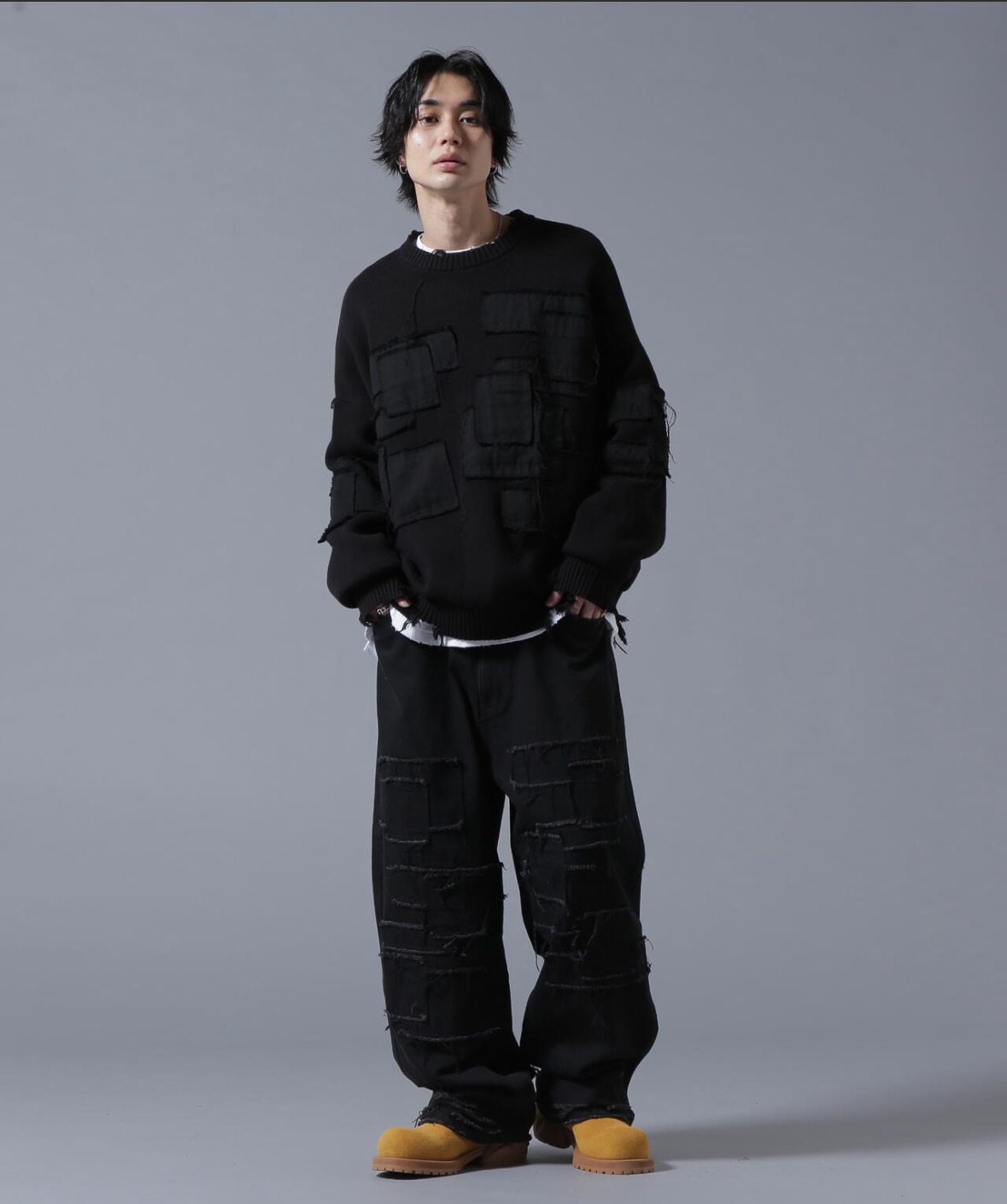 DankeSchon/ダンケシェーン/PATCWORK KNIT CREWNECK Black M