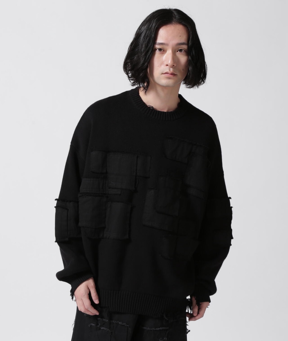 DankeSchon/ダンケシェーン/PATCWORK KNIT CREWNECK Black M