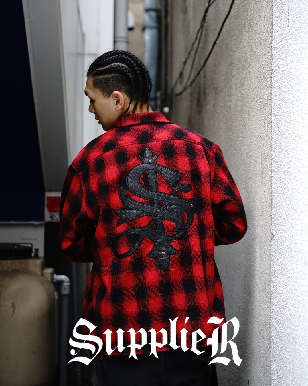 SUPPLIER/サプライヤー/別注 CROSS FAUX LEATHER PATCH CHECK SHIRTS レッド M