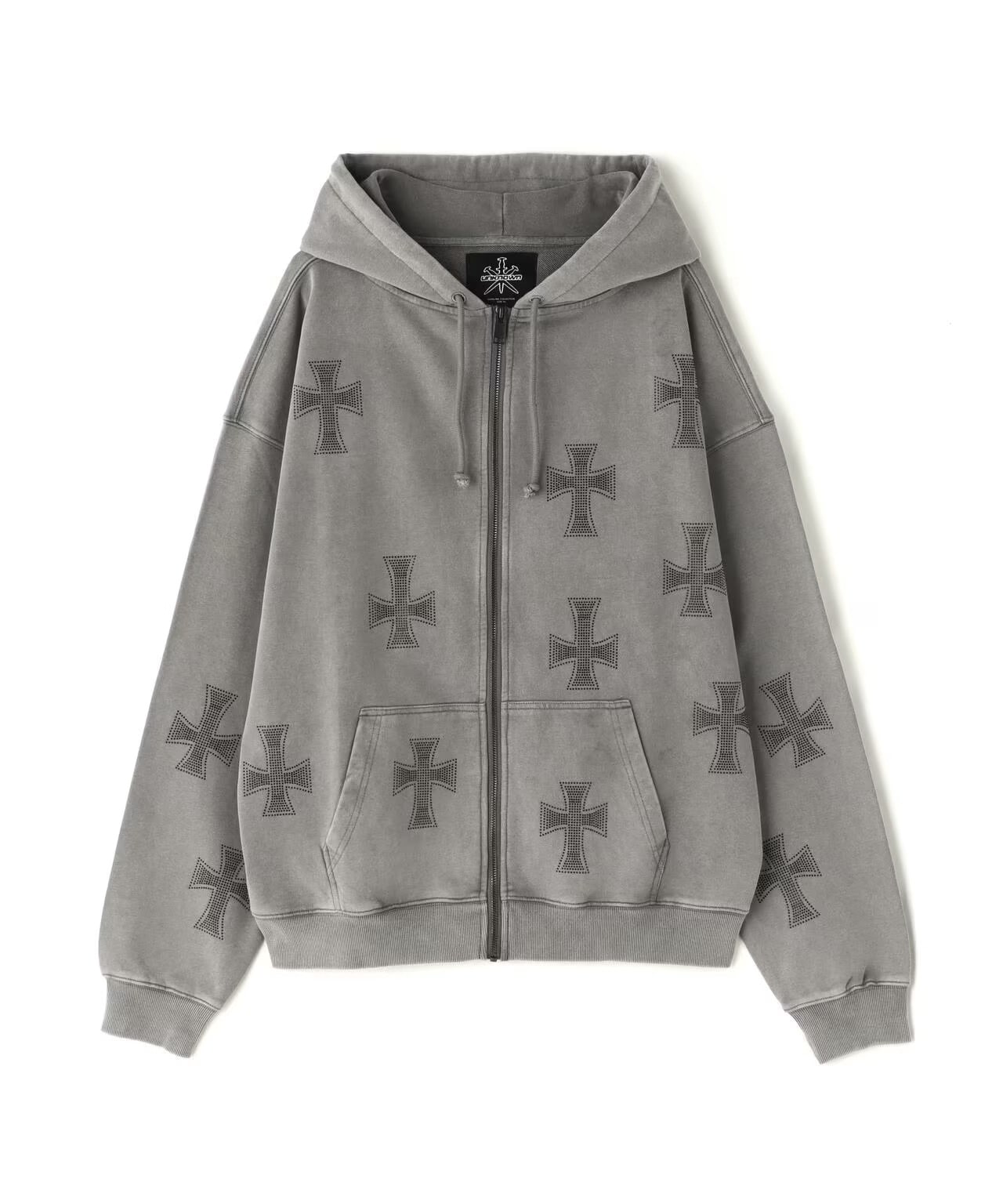 UNKNOWNLONDON/アンノウンロンドン/WASH GREYBLACK CROSS ZIP HOODIE gray M