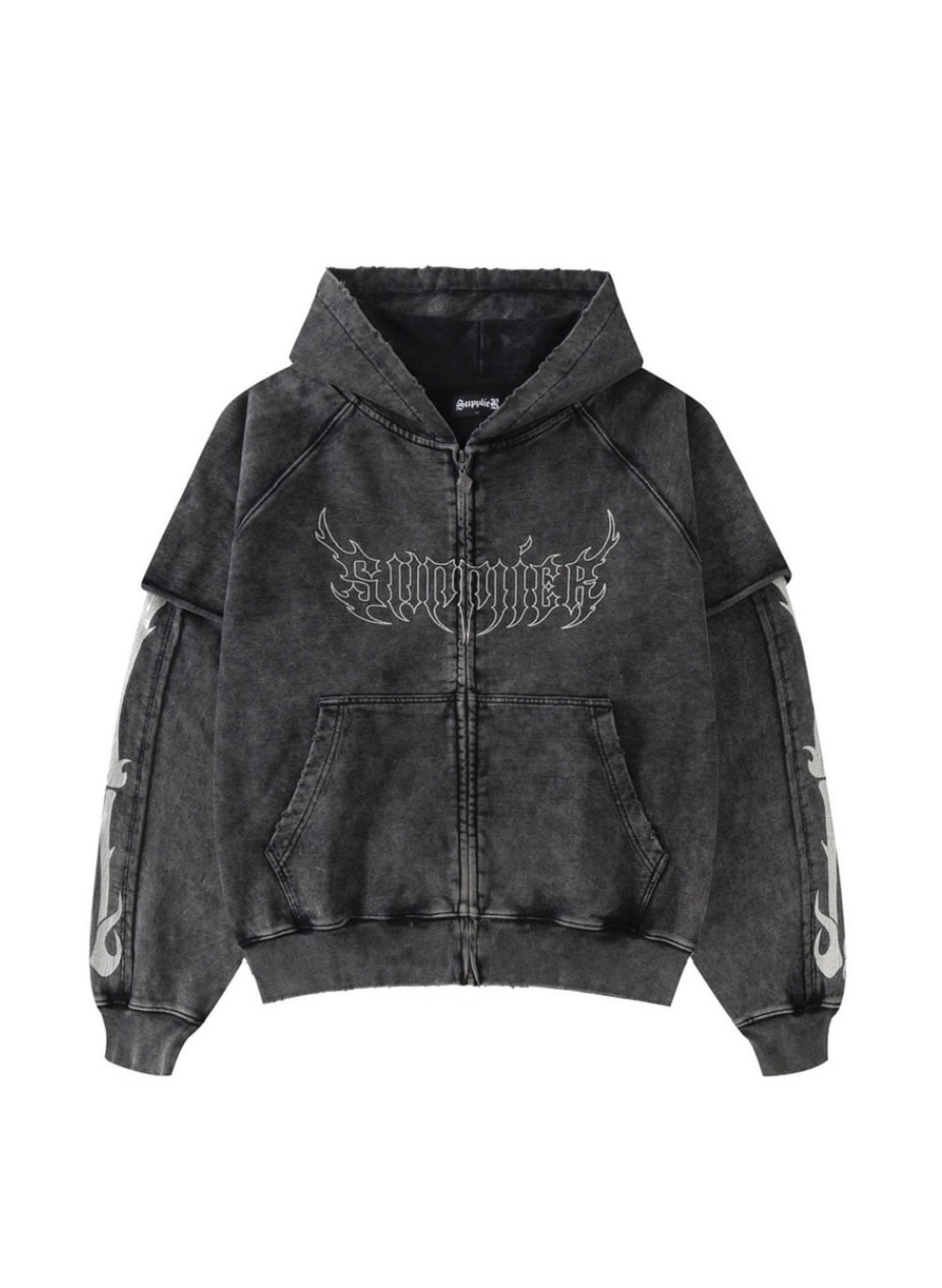 SUPPLIER/サプライヤー/Fire Bones Layered Sleeve Zip Hoodie gray M