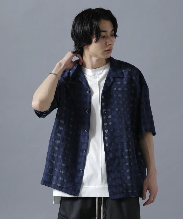 DankeSchon/ダンケシェーン/SHEER CHECK JACQUARED S/S SHIRTS BLUE F