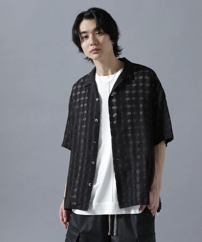  DankeSchon/ダンケシェーン/SHEER CHECK JACQUARED S/S SHIRTS Black F