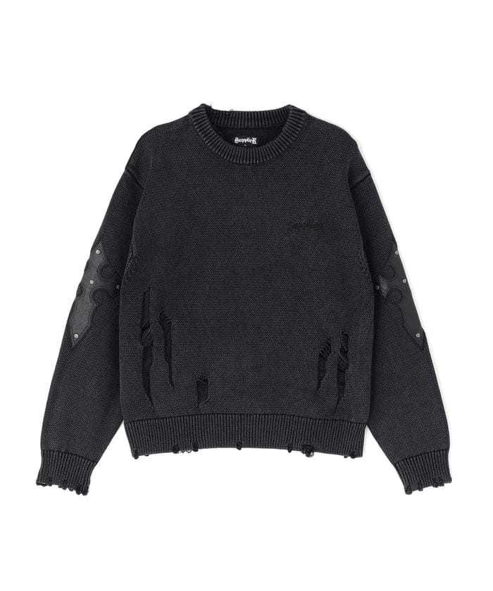 SUPPLIER/サプライヤー/DISTRESSED CROSS LEATHER PATCH KNIT Black M