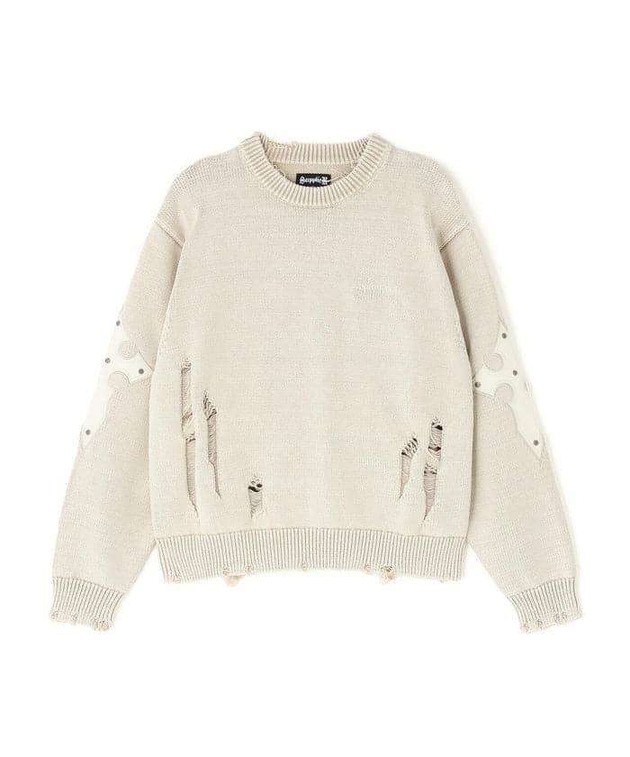 SUPPLIER/サプライヤー/DISTRESSED CROSS LEATHER PATCH KNIT White M