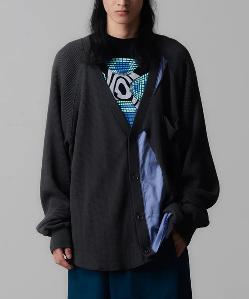 LAYERD WAFFLE KNIT CARDIGAN CHARCOAL 3