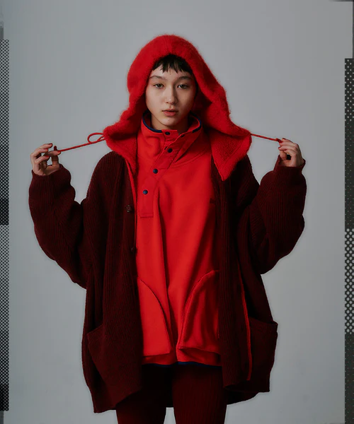 HOODED CARDIGAN BLACK×BEIGE 3