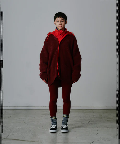 HOODED CARDIGAN BLACK×BEIGE 3