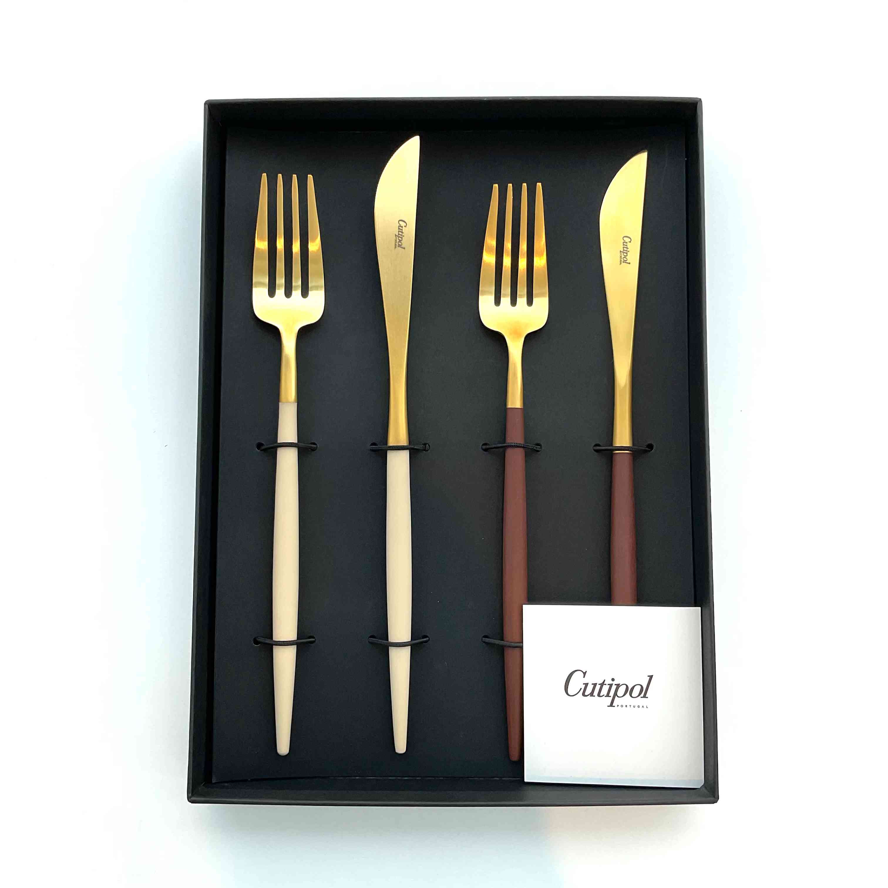 クチポール GOA テーブルナイフ・フォーク4点セット アイボリー×ゴールド・ブラウン×ゴールド  BOXあり（cutipol GOA) G-127 アイボリー×ゴールド・ブラウン×ゴールド