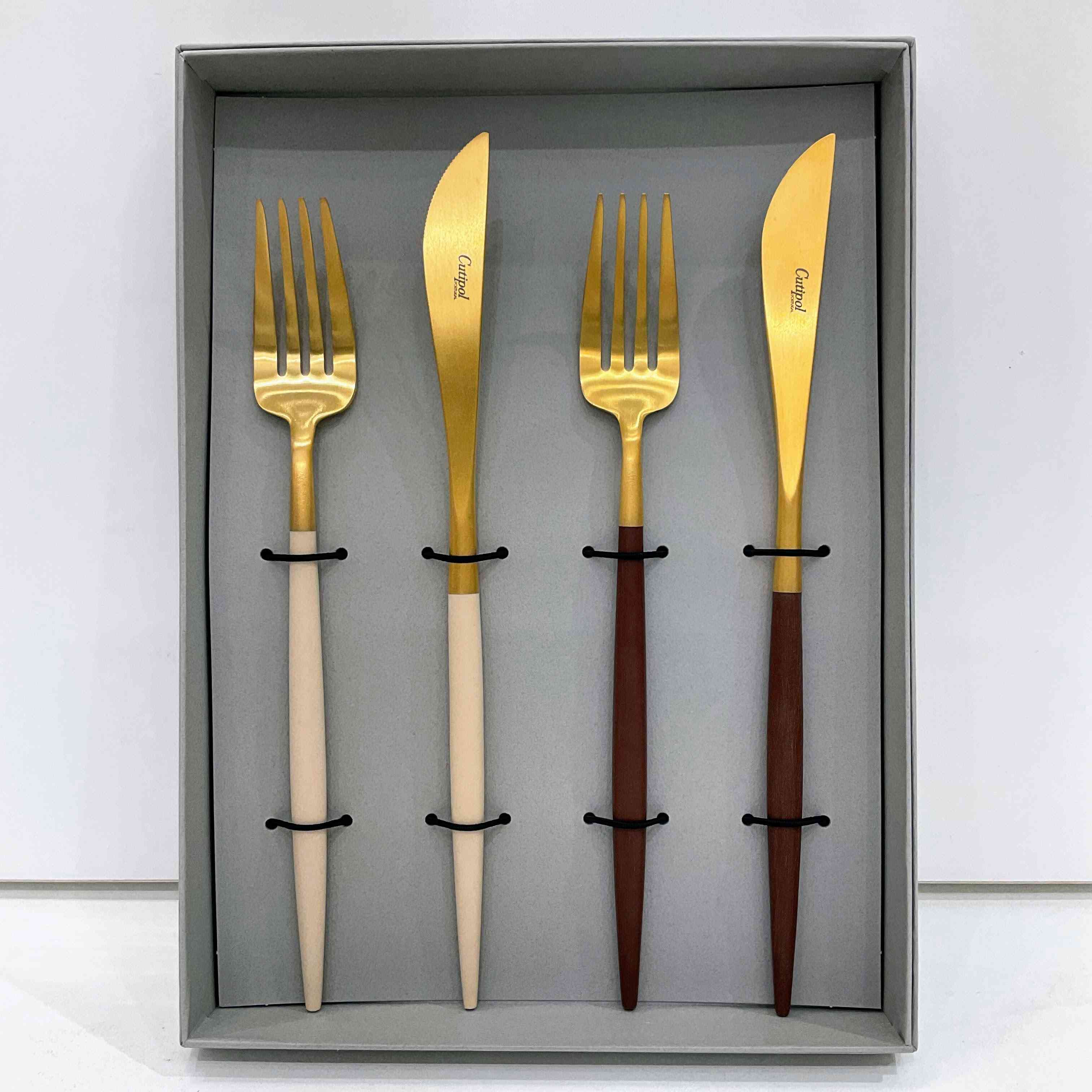 クチポール GOA テーブルナイフ・フォーク4点セット アイボリー×ゴールド・ブラウン×ゴールド  BOX(グレー)あり（cutipol GOA) G-127g アイボリー×ゴールド・ブラウン×ゴールド