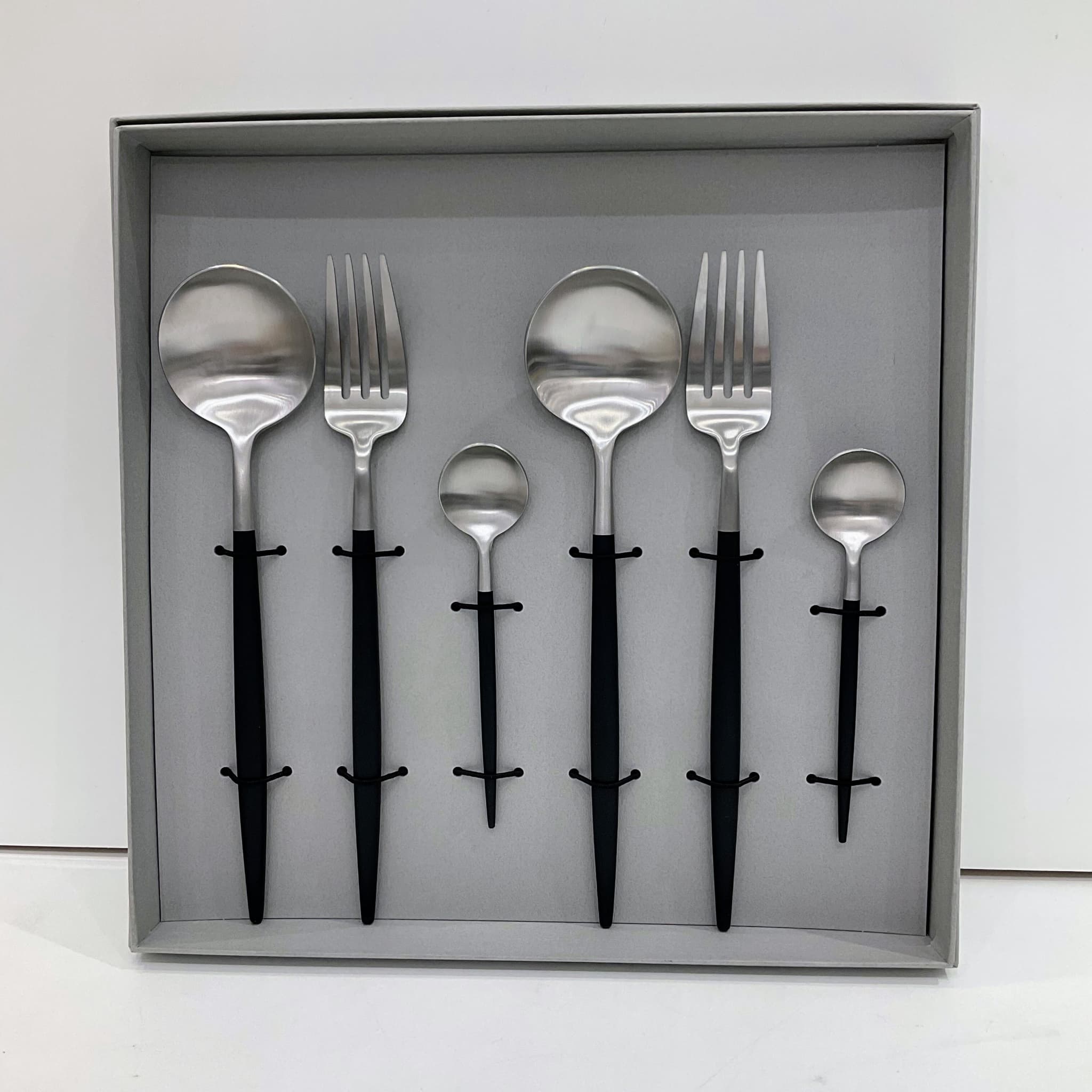 クチポール GOA テーブル・ティースプーン6点セット ブラック×シルバー BOX(グレー)あり（Cutipol GOA）G-81g