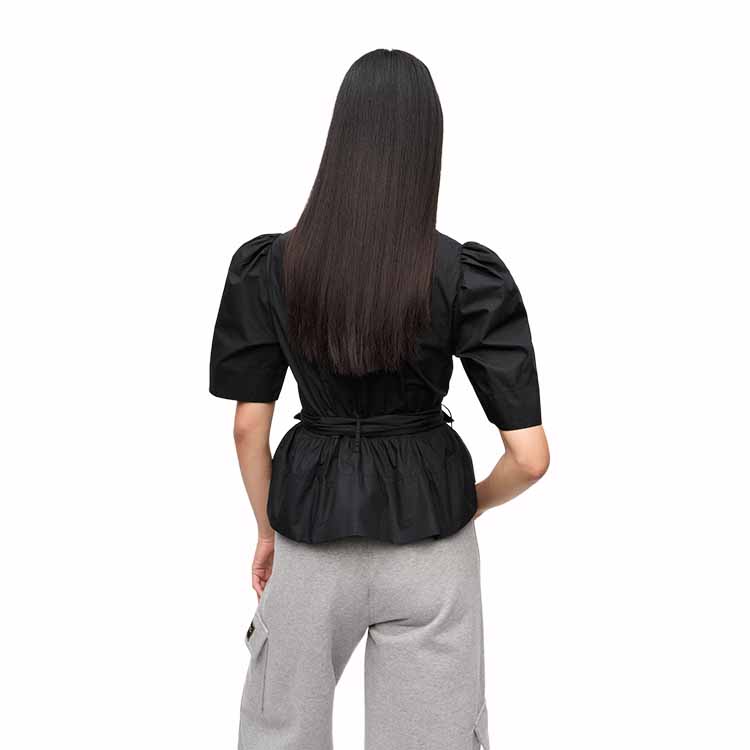 GANNI(ガニー)/White Washed Stretch Cotton Tie Strap Blouse/BLACK BLACK 34