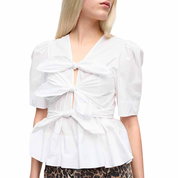 GANNI(ガニー)/White Washed Stretch Cotton Tie Strap Blouse/WHITE WHITE 34