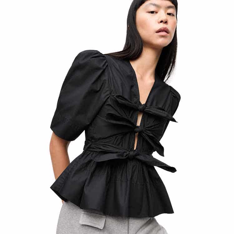 GANNI(ガニー)/White Washed Stretch Cotton Tie Strap Blouse/BLACK BLACK 34