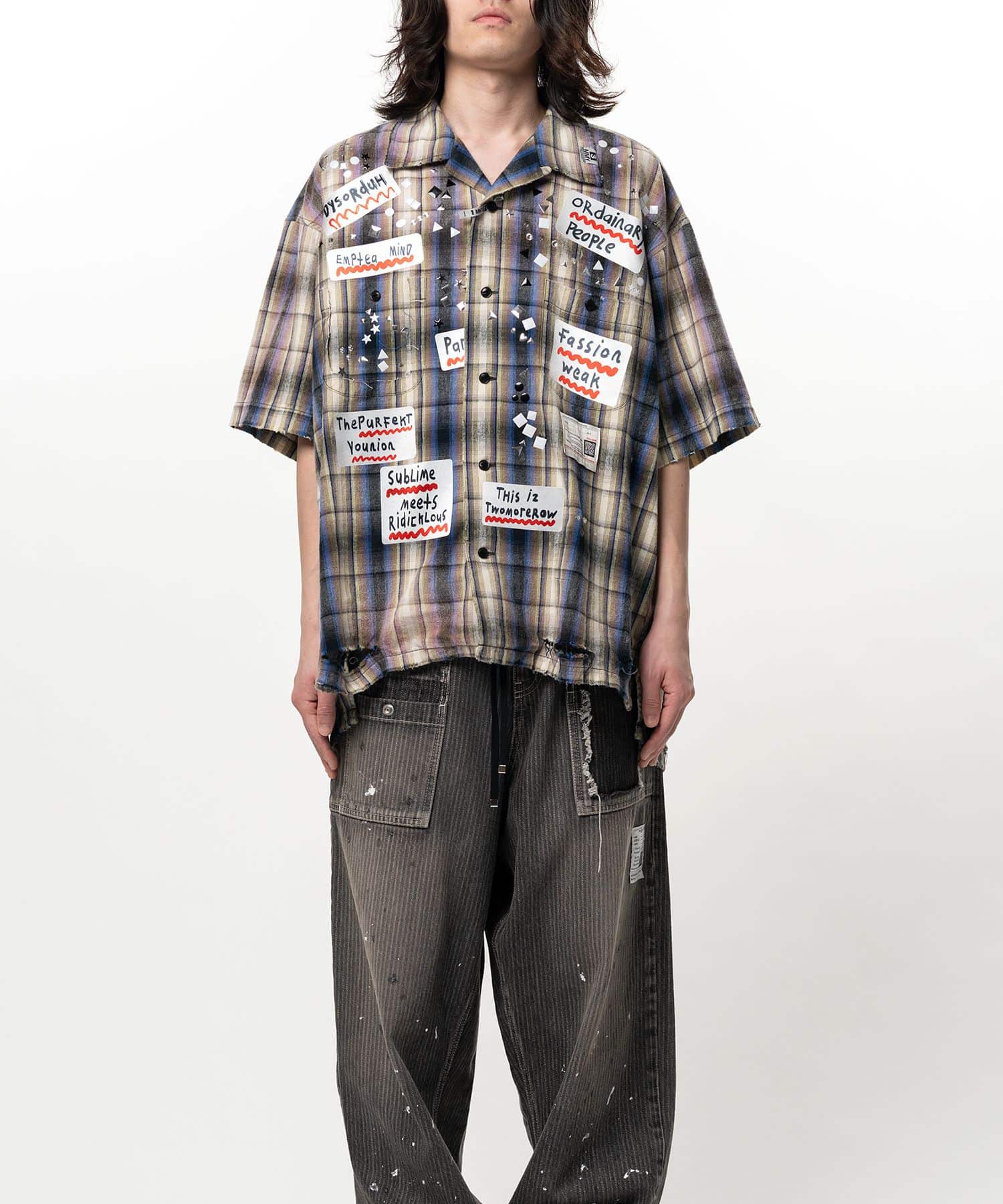 Maison MIHARA YASUHIRO(ミハラヤスヒロ)/Embellished Sticker Short Sleeve Check Shirt/BEIGE BEIGE 46