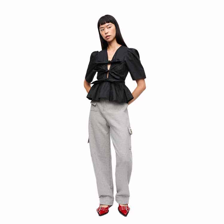 GANNI(ガニー)/White Washed Stretch Cotton Tie Strap Blouse/BLACK BLACK 34