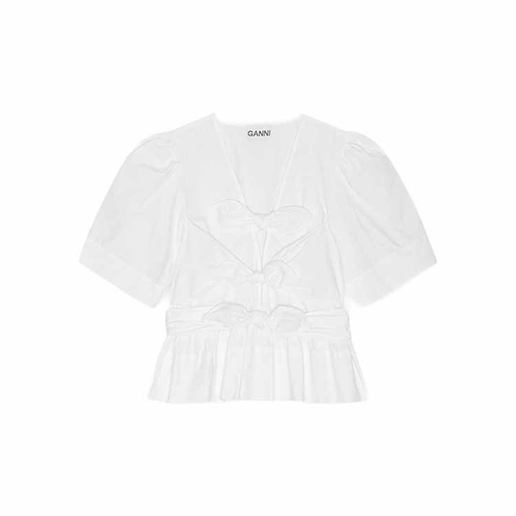 GANNI(ガニー)/White Washed Stretch Cotton Tie Strap Blouse/WHITE WHITE 34