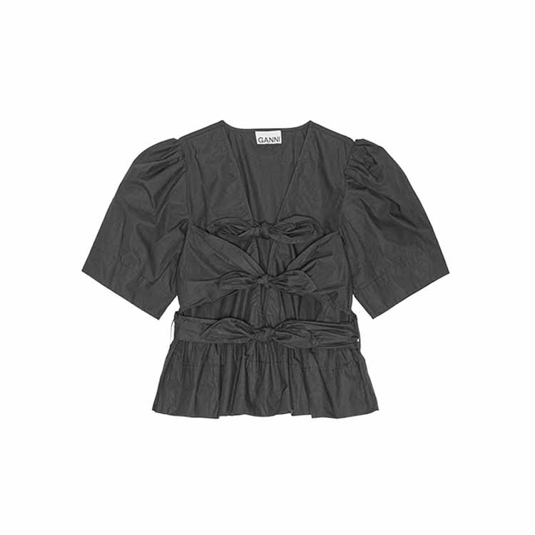 GANNI(ガニー)/White Washed Stretch Cotton Tie Strap Blouse/BLACK BLACK 34