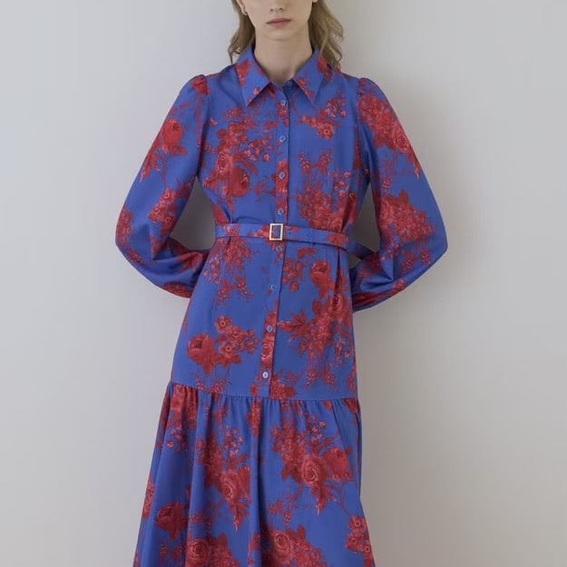 【池袋】ブーケフラワープリントワンピース【36サイズ】 ブルー 36