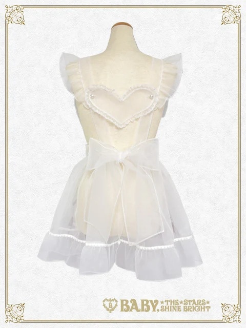 オーガンジーリボンハートエプロン オフシロ×ピンク