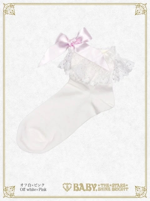 トーションレースクルー丈ソックス オフシロ×ピンク