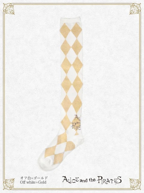 A/Pダイヤ柄ラメオーバーニーソックス オフシロ×ゴールド