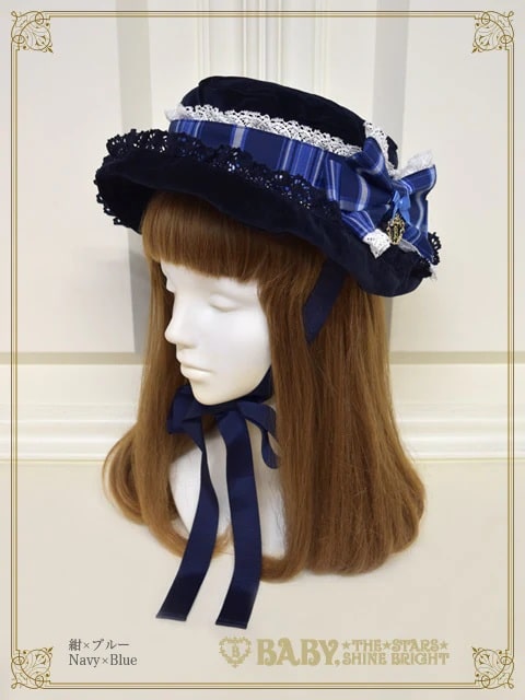 Mary Stuart別珍＆タータンチェックHAT 紺別珍×ブルー