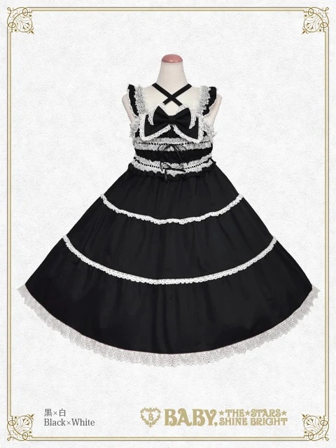 シャーリングベビードールジャンパースカート クロ×オフシロ