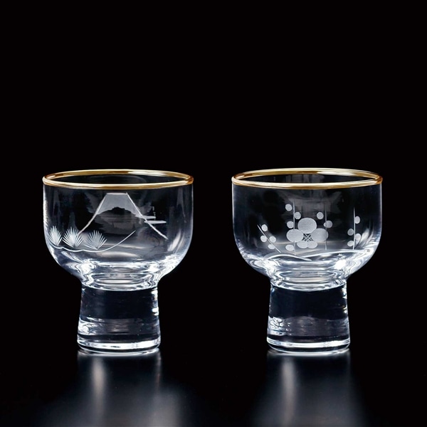 江戸切子 冷酒杯揃 富士山&梅柄