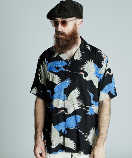 Schott/ショット/×PJ/×パイナップルジュース/RAYON SHIRT CRANE/レーヨンシャツ クレーン BLACK M