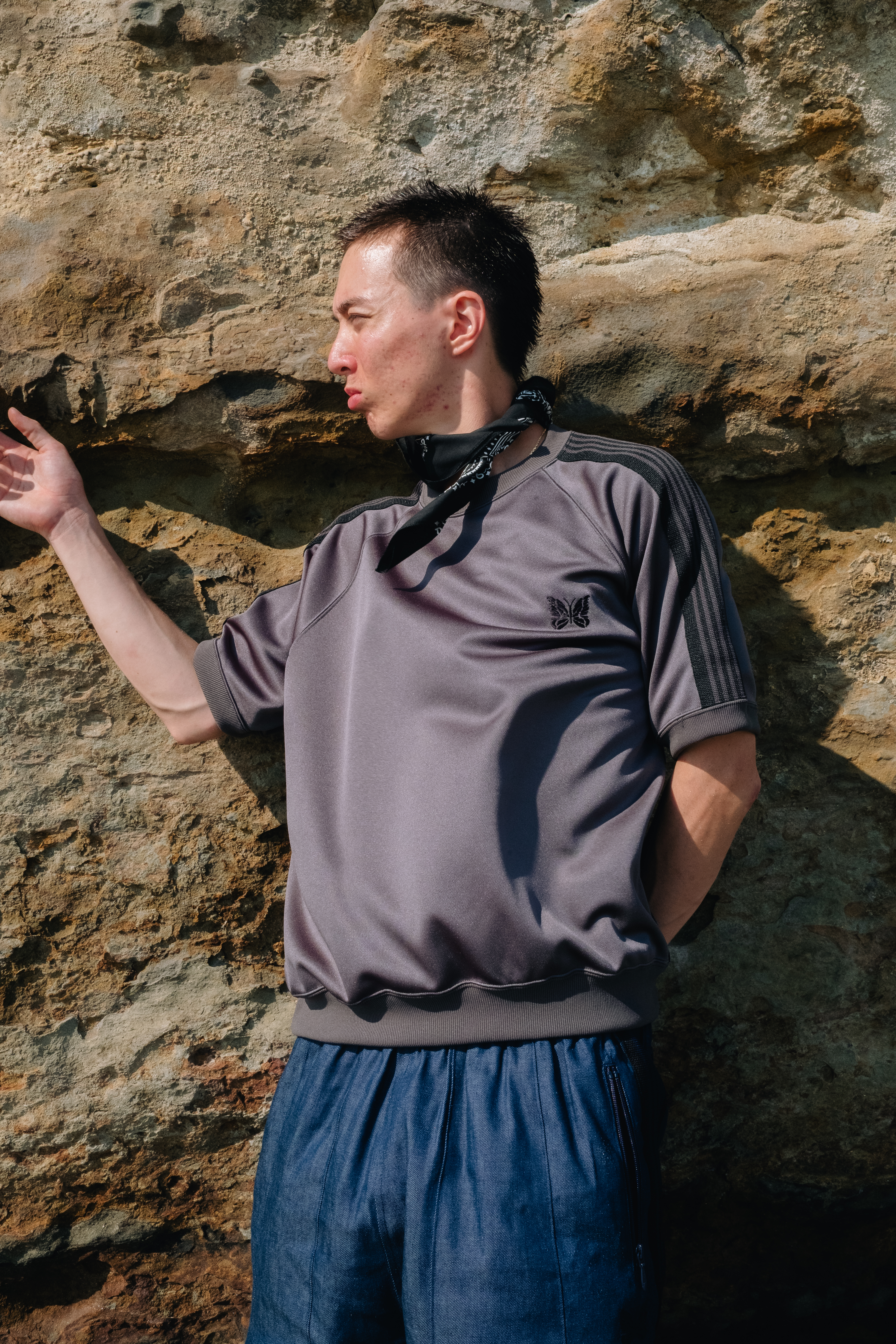 NEEDLES×BEAVER/ニードルズ×ビーバー/別注TRACK S/S CREW NECK SHIRT - POLY SMOOTH. -CHARCOAL- CHARCOAL M