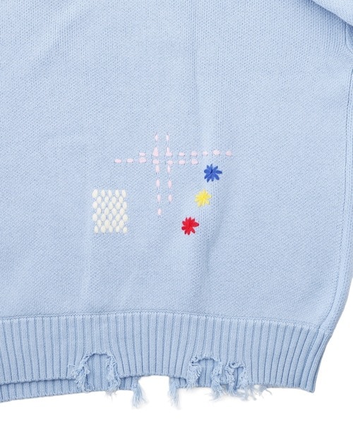 B omnivore/ビーオムニボー/HAND STITCH CREWNECK KNIT ハンドステッチクルーネックニット サックスブルー M