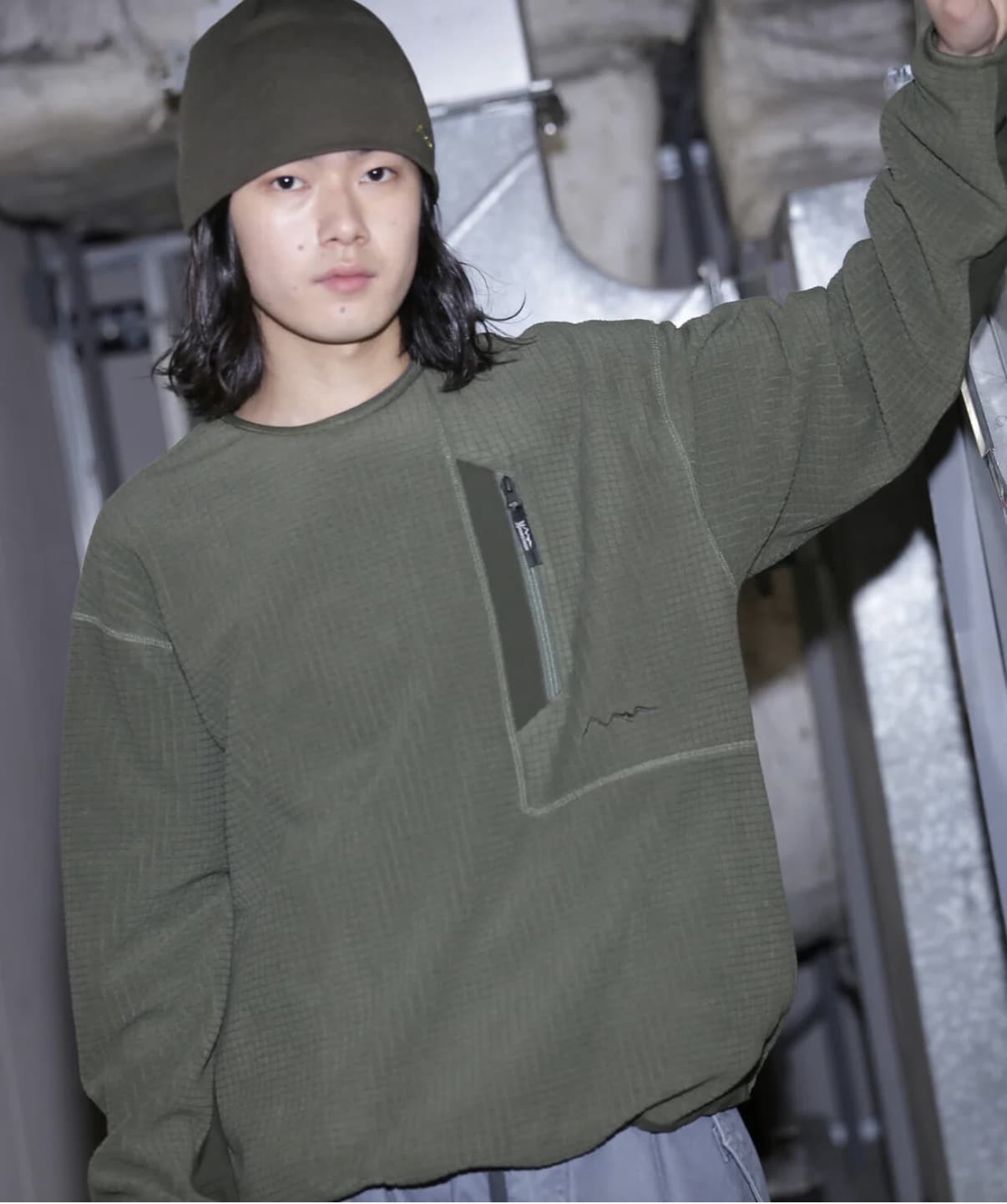 MANASTASH/マナスタッシュ/GRID FLEECE CREW olive S