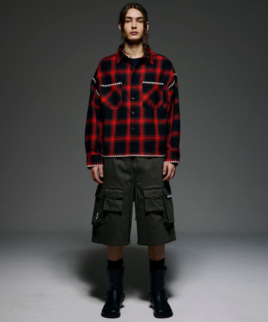B omnivore/ビーオムニボー/HAND STITCH CARGO SHORTS オリーブ M